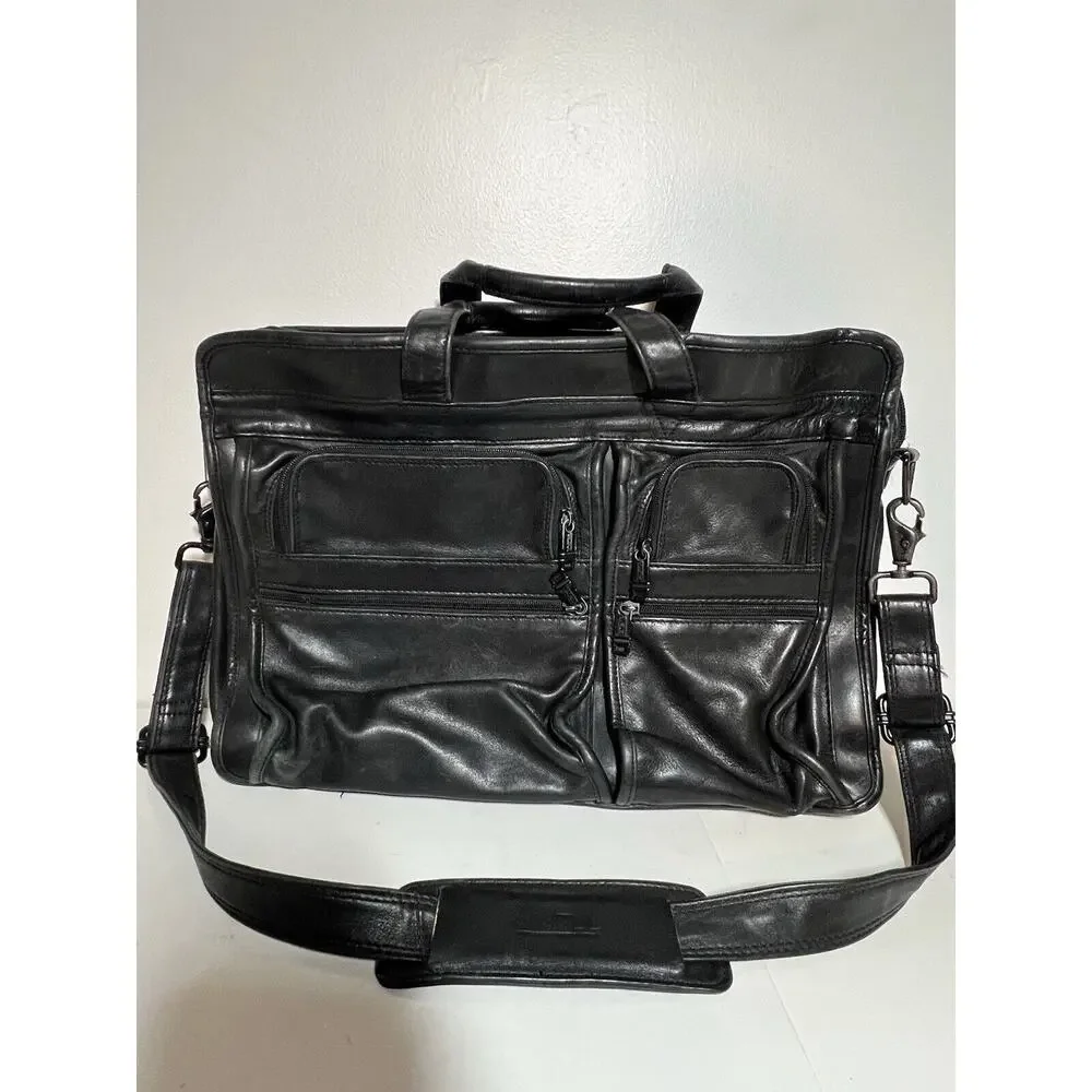 Tumi EUC Black Leather Alpha Expandable Organizer Computer Briefcase Bag Laptop